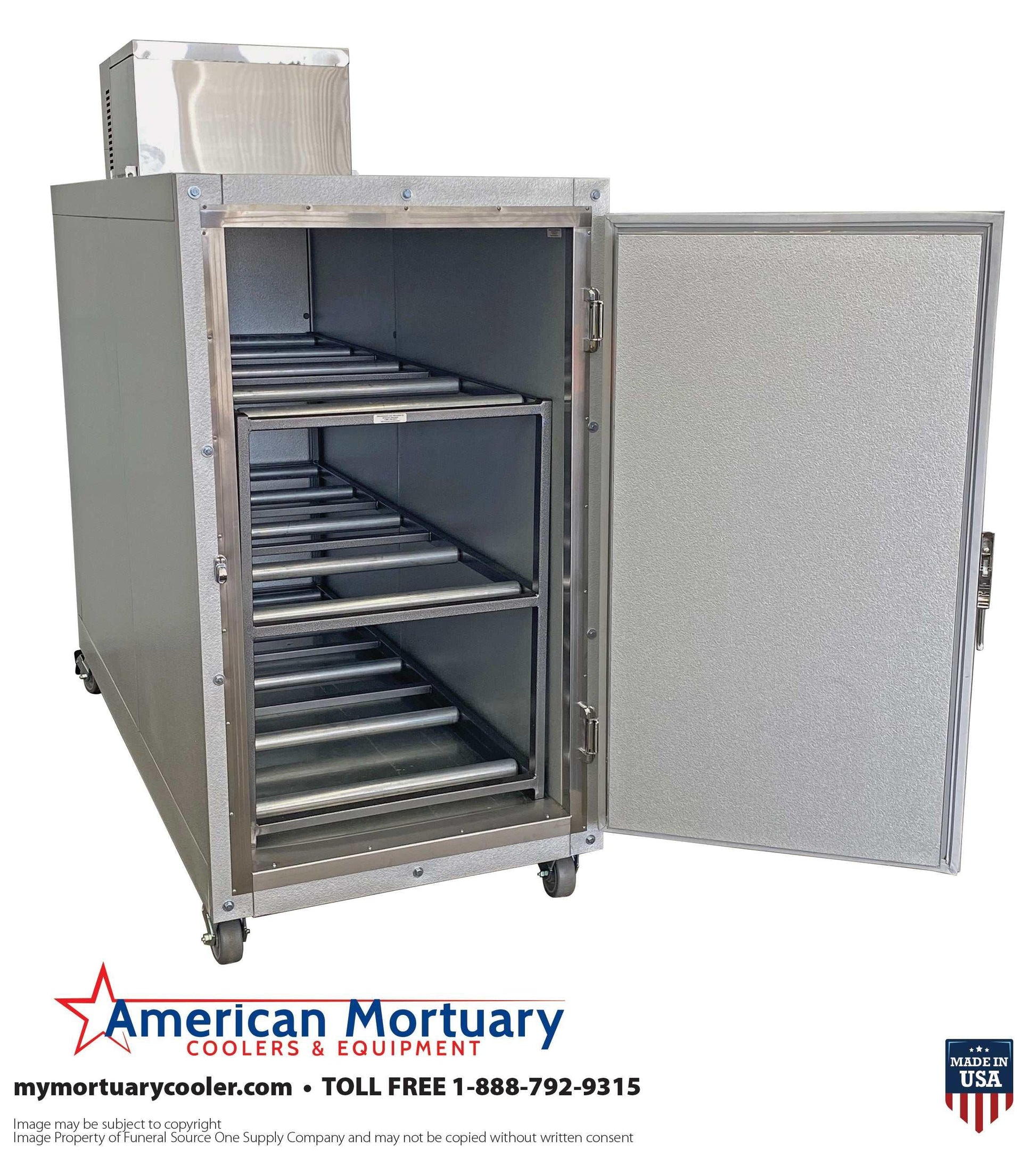 3 Body Mortuary Cooler AMC Model #3B with Interior Rolling Rack - American Mortuary Coolers Powered by Funeral Source One Supply Company 