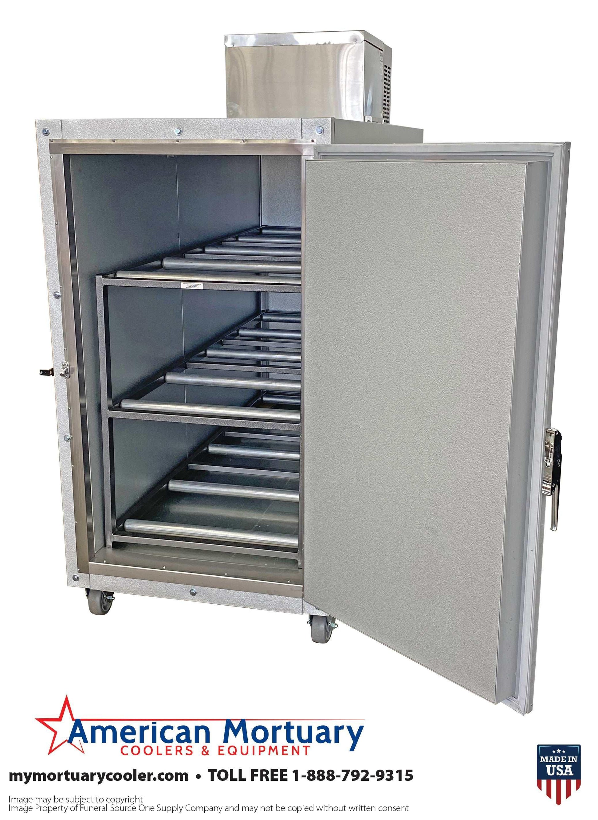 3 Body Mortuary Cooler AMC Model #3B with Interior Rolling Rack - American Mortuary Coolers Powered by Funeral Source One Supply Company 