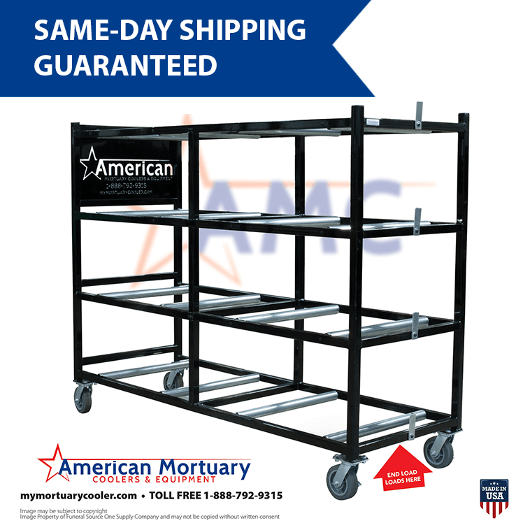 4 Tier American Mortuary Coolers End Loading Mortuary Roller Rack LOW PROFILE -  American Mortuary Coolers Powered by Funeral Source One Supply Company 