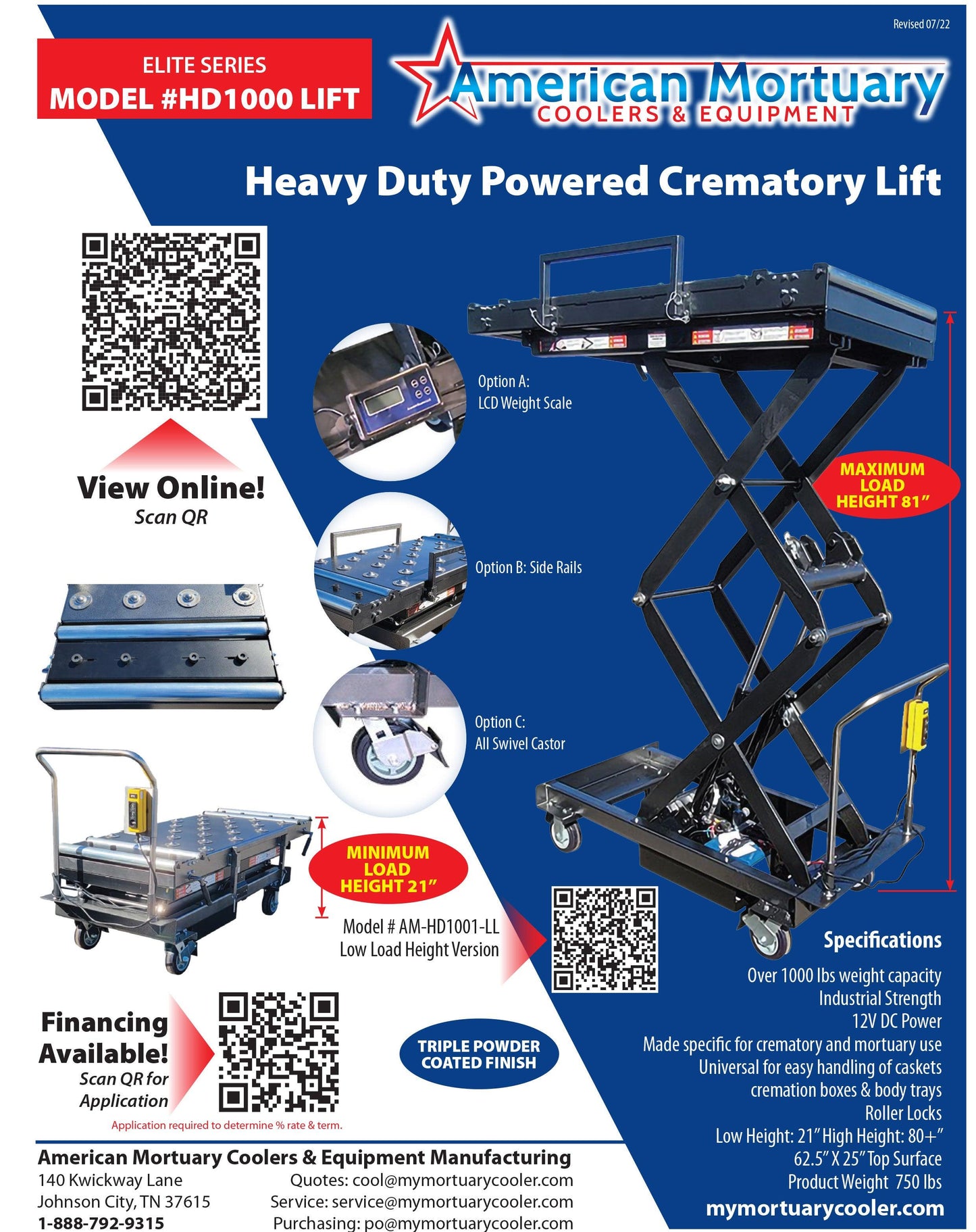 Powered Scissor Lift System HD 1000 MAX Multi-Directional Top -  American Mortuary Coolers Powered by Funeral Source One Supply Company 