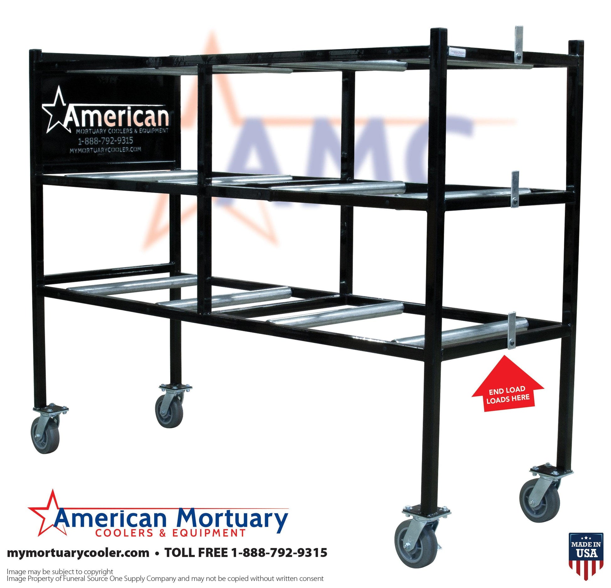 3 Tier End Loading Mortuary Roller Rack  Model # AMC 3TEL -  American Mortuary Coolers Powered by Funeral Source One Supply Company 