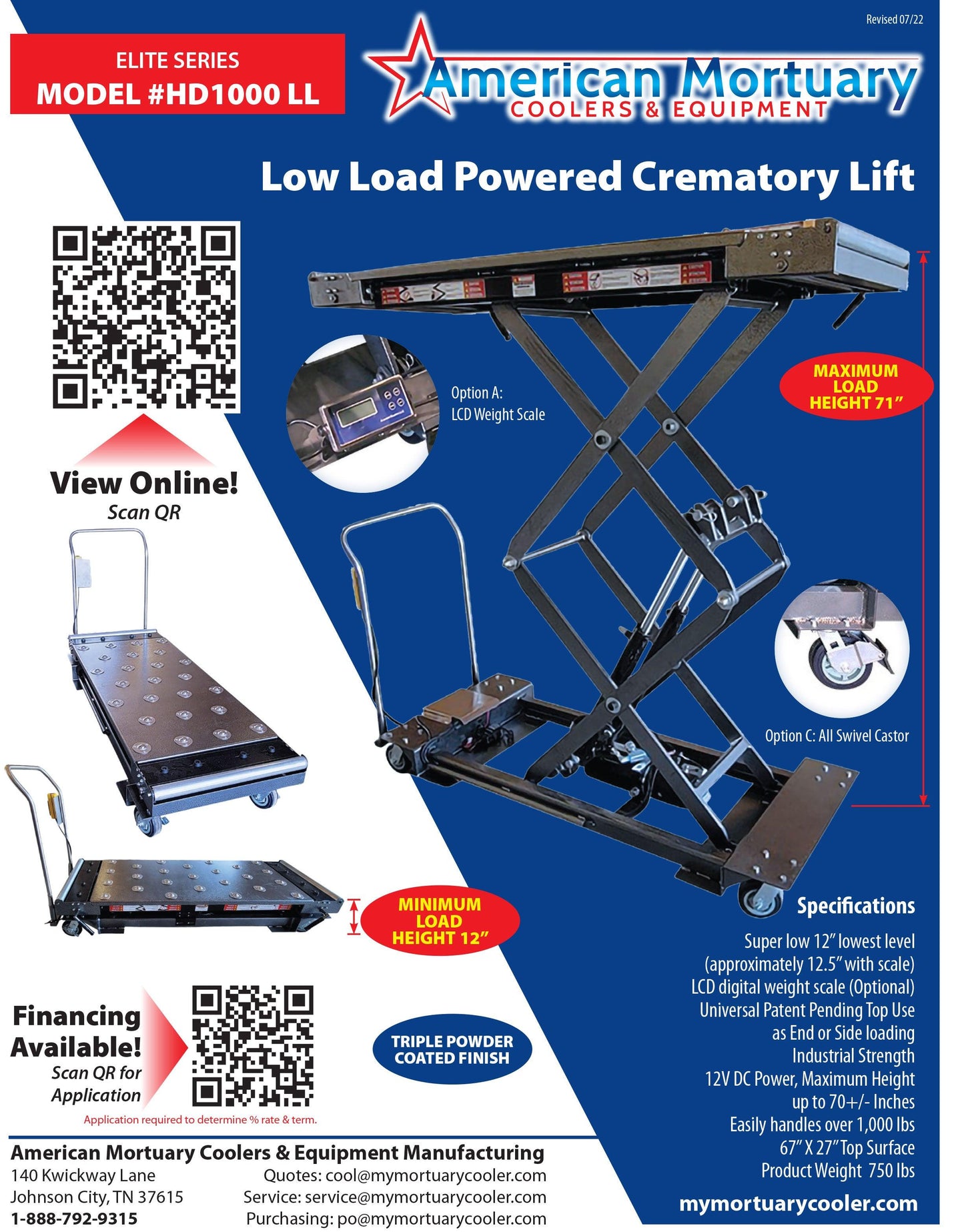 HD 1000 Low Load Powered Crematory Lift