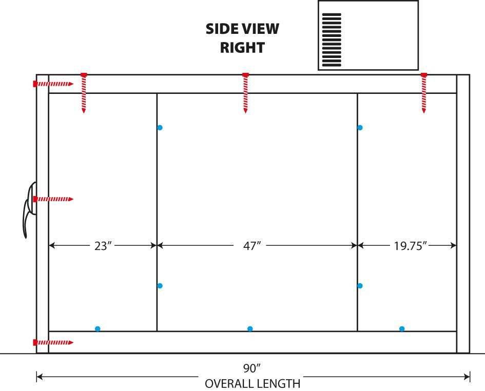 Drawing of Side Dimensions of 3 Body Mortuary Cooler